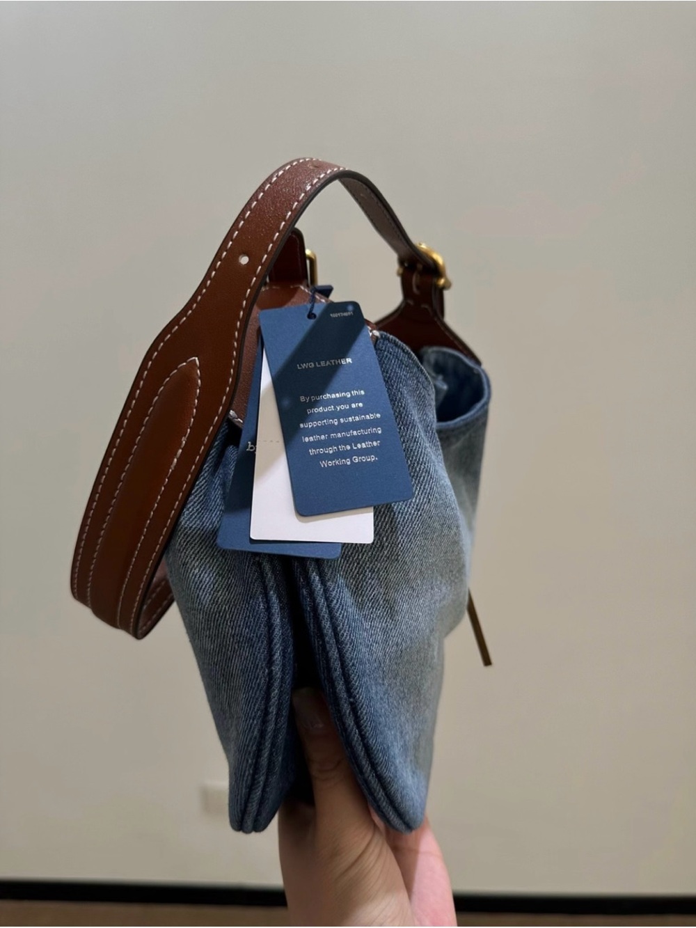 Ralph Lauren Denim Crescent Tote with Brown Leather Strap and Gold Plaque - Picture 3 of 8